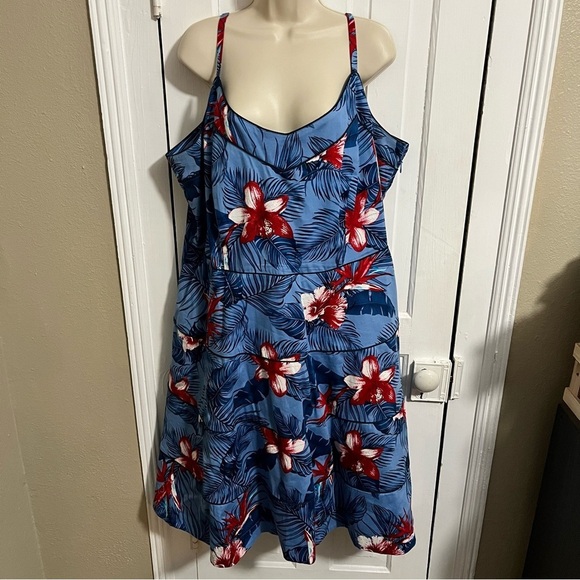 City Chic Plus Size Love Hawaii Piped Tropical Print Dress Blue Large US 20 W2 - Picture 2 of 8
